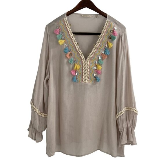 Soft Surroundings Clementine Embroidered Pom Pom Tassels V-Neck Tunic Womens PL - Picture 1 of 7
